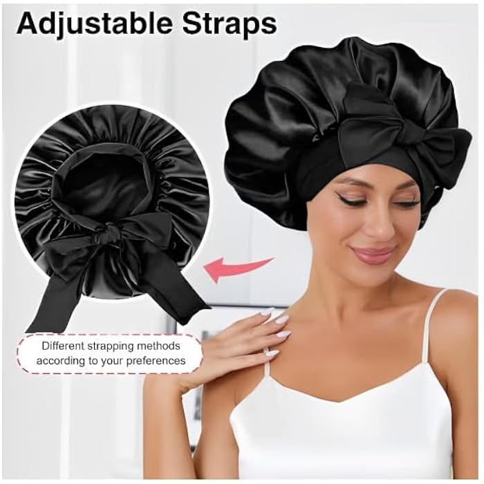 Silk Hair Bonnet Braided One Layer with Satin Toukka Gift Black - Image 4